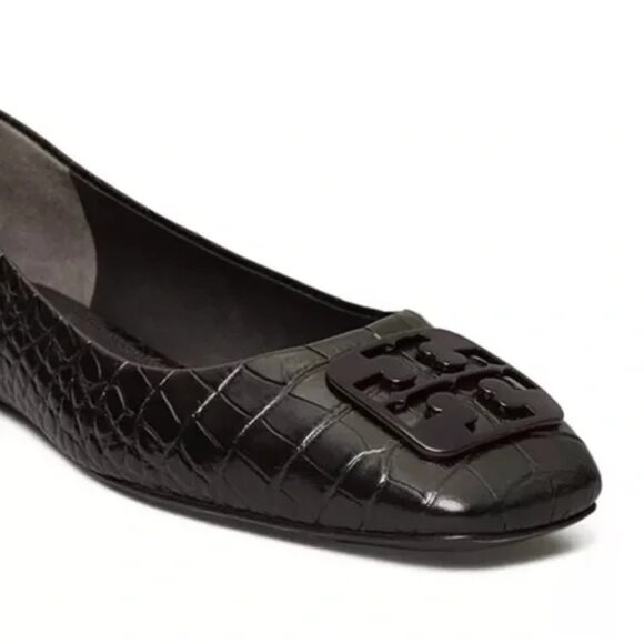 🆕TORY BURCH Croc Embossed Logo Ballet Flats Shoes Black 9 - Picture 3 of 10
